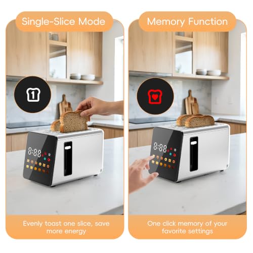 Image of WUNLY 2 Slice Toaster with Full Smart Touch Control,Memory Function,Single-Slot Tech,6 Shade Levels & 6 Bread Settings,Extra Wide Slot for Bagels,Digital Timer,Reheat & Defrost,Silver