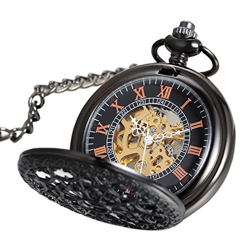 Avaner Unisex Antique Steampunk Black Skeleton Spider Web Pattern Hand Wind Mechanical Movement Roman Numeral Pocket Watch Gift with 14 inches Chain steampunk buy now online
