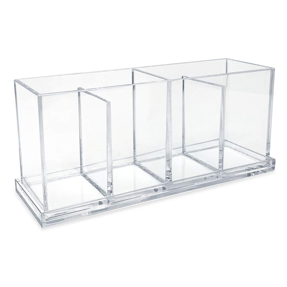 Isaac Jacobs Organizador acrílico transparente de 4 compartimentos con tapa (9 pulgadas de largo x 3 pulgadas de ancho x 4 pulgadas de alto), soporte para brochas de maquillaje, bandeja seccional,