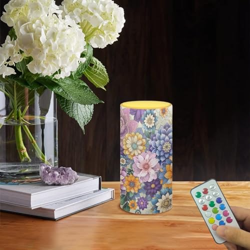 Image of Flameless LED Candle Flickering Wick Electric Candles with Remote Timer Color Changing 5.9 Inches Pillar Candle for Home Table Centerpiece Decoration, Boho Flower Purple Yellow