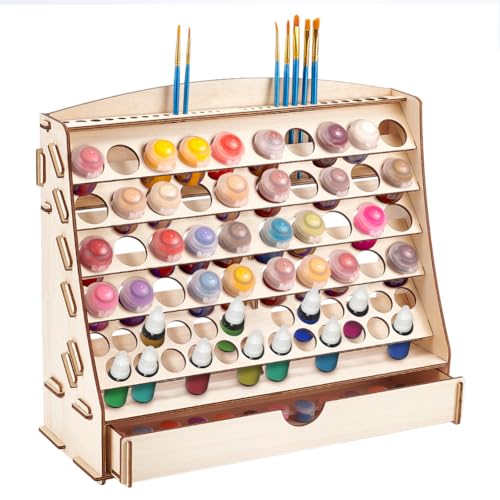 Image of Large Wooden Paint Rack Organizer for Holds 64 Bottles (2 Size) 30 Brushes Rack 1 Cabinets Craft Paints Organizers Storage Paint Holder Organizers Paints Bottle Organizer