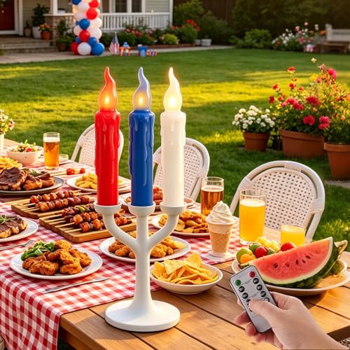 Image of Real Wax LED Flameless Short Taper Candles with Remote, 6.7 Inches 4th of July Patriotic Candlesticks Dripless Battery Operated Flame for Independence Day Home Decor, 3 Pcs