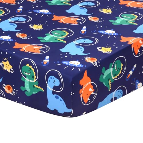 Image of JISEN Baby Crib Sheets Soft Breathable Space Dinosaurs Fitted Crib Sheets for Standard Crib and Toddler Mattress Baby Bed Sheets for Boys Girls Neutral 52x28 Inch