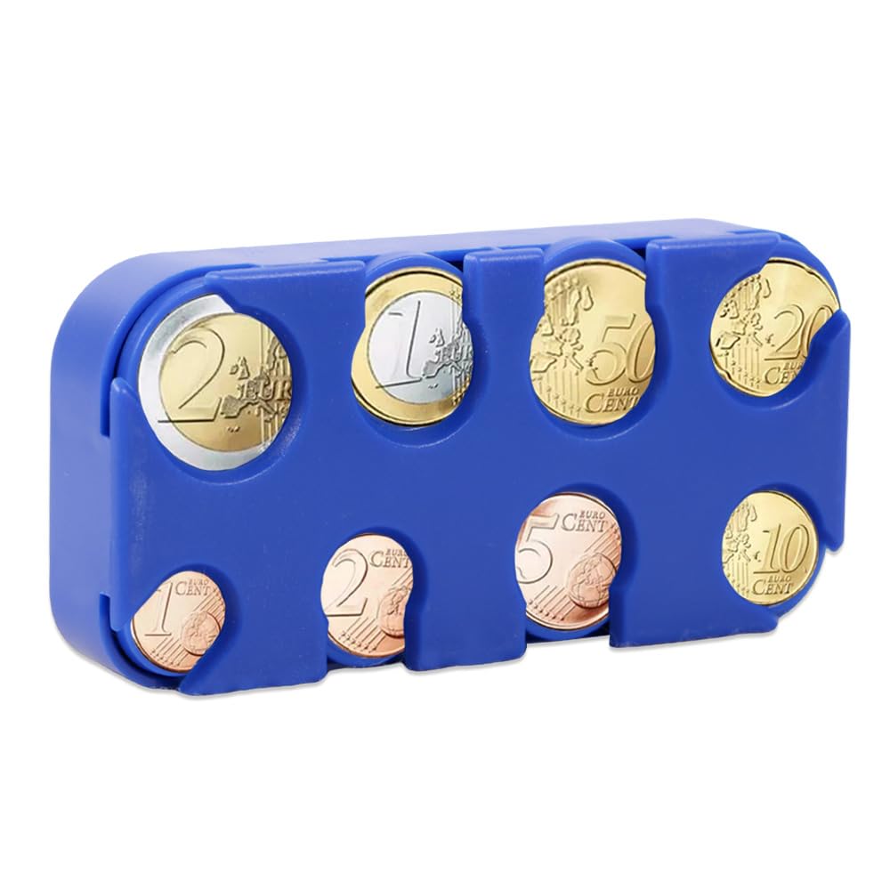 Coin Storage, Change Storage, Euro Coin Holder, Coin Sorter, Coin Collector, Coin Dispenser, Coin Box, for Car, Taxi, 8 Compartments from 2 Euro to 1 Cent (Blue)