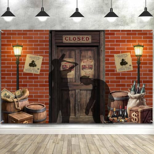 Roaring 20s Western Saloon Door Cover Backdrop, Vintage Wild West Bar Brick Wall Background, Old Outlaw Wanted Poster Photo Booth Wall Prop for Home Bar Porch Backyard Party Decorations Supplies