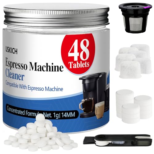 USKICH Coffee Machine Cleaner Descaler Tablets Kit Compatible 12 Espresso Machine Tablet and 1 Reusable Rinse Pods- 48 Cleaning Tablets and 6 Water Filters-3 in 1 Cup Lid Gap Cleaning Brush
