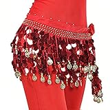 ROPALIA Womens Belly Dance Scarf Performance Bling Sequins Coins Hip Scarfs Red