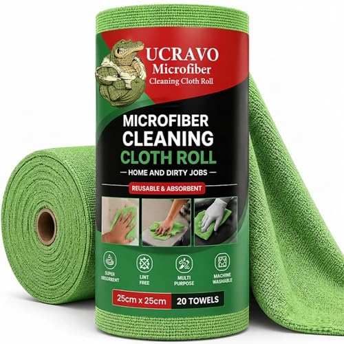Image of UCRAVO 60 SHEETS Microfiber Cleaning Cloth Roll 10X Cheaper Than Paper Reusable and 12000 Times Washable Tear-Away Kitchen Towel Roll Highly Absorbent Lint-Free, Streak-Free Cleaning Rags (Green)