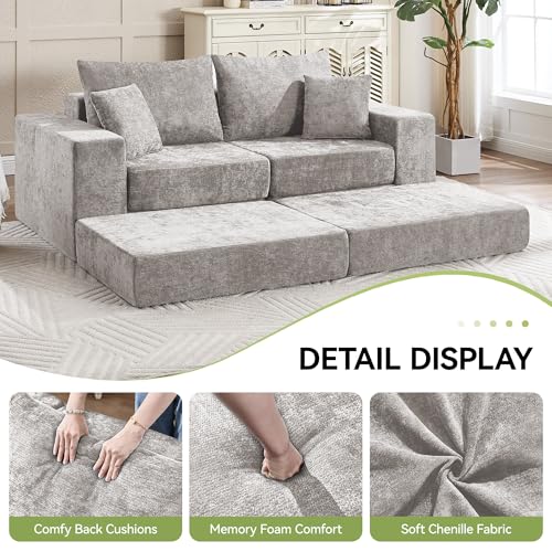 Image of 79 inch Boneless Loveseat Sofa Couch, Modular Foldable Floor Cloud Sofa with Ottoman, Lounge Convertible Sofa Bed for Living Room, No Assembly, Chenille Light Grey