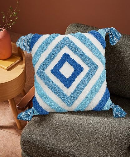 Image of Tarantaran Tufted Decorative Throw Pillow Cover, Blue and White Geometric Pattern with Tassels, 40.6 x 40.6 cm, Modern Square Pack of 2 (Blue Diamond)