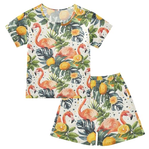 ALAZA Flamingo Lemon Palm Leaves Pajamas Short Sleeve 2 Piece Sleepwear Top and Bottom Pajama Set Unisex