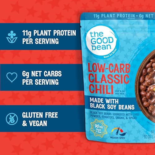 Image of The Good Bean Heat and Eat Pouch - Low-Carb Classic Chili - (4 Pack) 10 oz Pouch - Simmered Black Soybeans with Chili Powder - Pre-Cooked Beans with Good Source of Plant Protein and Fiber