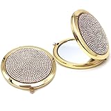 Reazana 2pcs Magnifying Compact Mirrors Pocket Makeup Mirror 1X 2X Folding Cosmetic Mirror Foldable Mini Round Travel Mirrors 2.75 Inch Sturdy Metal with Diamonds Gifts for Women Girls (Golden)