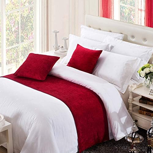OSVINO Chenille Bed Runner Solid Breathable Modern Bedding Scarf Protection for Bedroom Hotel, Red 210X50cm for 150cm Bed