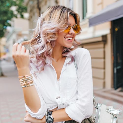 Y1tvei 7Pcs Christmas Pink Surfer Heishi Clay Bead Bracelet Set Boho Stackable Gray White Polymer Clay Beaded Layering Stretch Bracelet Gold Jewelry Summer Beach Friendship Bracelet for Women4