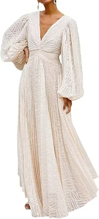Women's Jacquard Deep V Lantern Long Sleeve Ruched Tie Back Ruffle Hem A-Line Maxi Dress