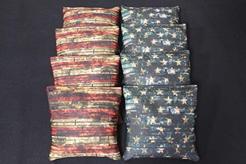 BackYardGamesUSA Patriotic Brick Flag Flag and Stars - All Weather or Corn Filled Cornhole Bags - Set of 8 Regulation Size Duck Canvas Cornhole Toss Bean Bags (All Weather Resin Filled)