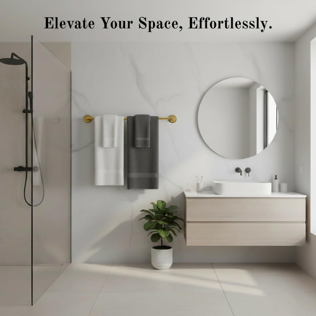 Suction Cup Towel Bar 17-28 Inch Adjustable Retractable Stainless Steel Towel Rack for Bathroom, RV & Renters - No Drill Heavy Duty Wall Mounted Holder, Removable for Glass & Tile (1, Golden)