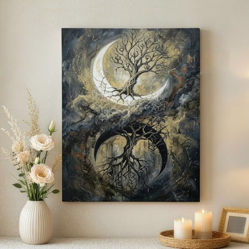 Art mural lune et arbre abstrait chic noir et or, toile de qualité 40x50cm
