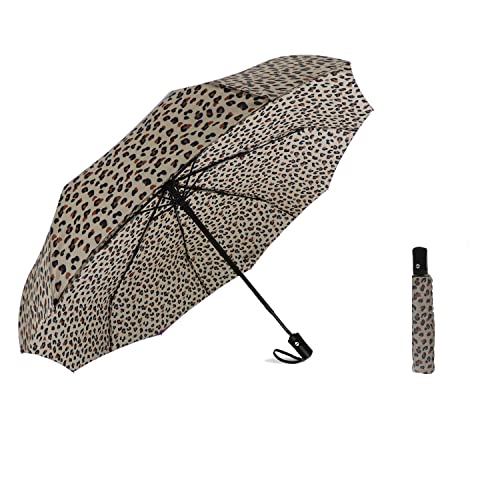 LOKAXXZU Umbrella compacto de viaje a prueba de viento: paraguas plegable automáticas para lluvia, pequeños paraguas portátiles para hombres para mujeres adolescentes (estampado de leopardo)
