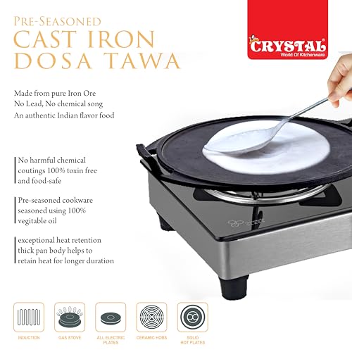 Image of Crystal Pre-Seasoned Cast Dosa Tawa with 2 Handles 300 Mm | Free Handle Cover | 100% Toxin Free | Naturally Non Stick | Long Lasting | Induction & Gas Stove Compatible