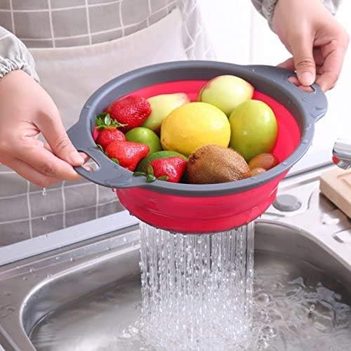 D L D Collapsible Colander, 2 Foldable Kits, Food Grade Silicone Kitchen Strainer Space-Saving Foldable Filter Colander, Sizes 8"-2 quarts, 9.5" -3 quarts. (red)
