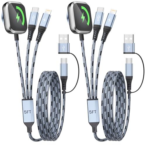 Jogrytece Multi Charging Cable, 5FT 2Packs 3 in 2 Chargers for Multiple Devices, Travel Essentials USB A&C/Type-C/IP Cord Compatible with iWatch/iPhone 17-11/Car