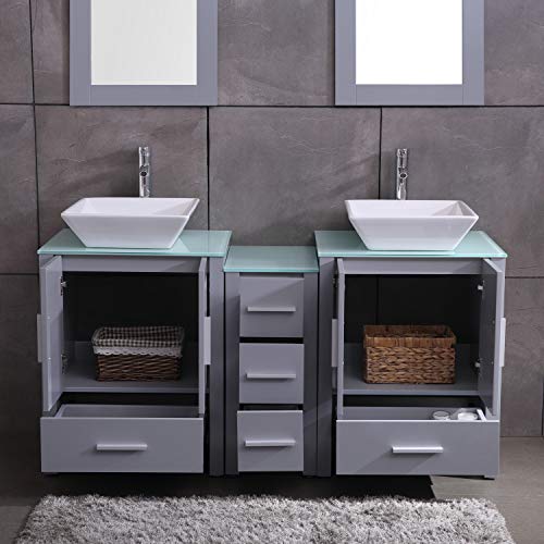 60\" Double Sink Gray Bathroom Vanity Paint MDF Wood Cabinet Glass Top w/Mirror, Faucet&Drain Set