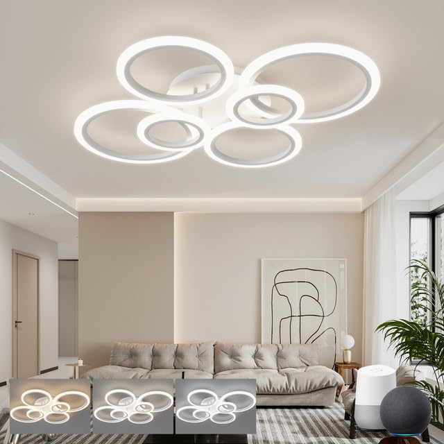Smart LED Chandelier with Alexa Compatibility, Modern 5-Ring Ceiling Light, Adjustable 3000K-6500K, Dimmable 60W/46W/82W - Ideal for Bedroom & Living Room