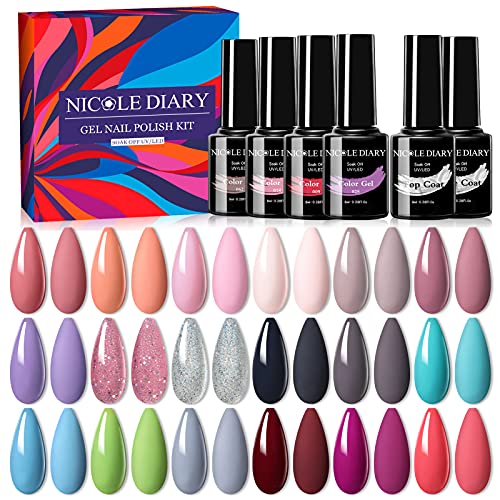 NICOLE DIARY Gel Nail Polish Kit 20 Pcs Soak Off Nail Gel Polish Sets Gray Pink Purple Nude Glitter Gel Polish Starter Kit Fall to Winter Nail Polish Set with Glossy Matte Base Gel Top Coat Gift Box