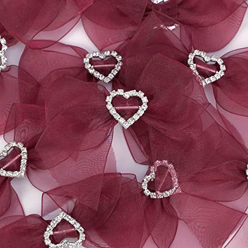 Aimudi Pre-Tied Burgundy Organza Bows With Rhinestone 3" Maroon Ribbon Bows With Heart Diamante Burgundy Bows For Gift Wrapping Small Bows For Crafts Wedding Embellishment Shower Party Favors - 12 Pcs #TOP5