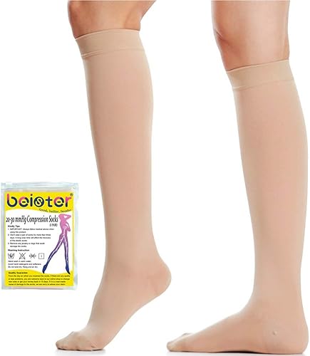 Beister Calcetines de compresión de punta cerrada hasta la rodilla para mujeres y hombres, soporte graduado firme de 20-30 mmHg para venas