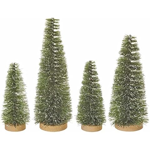 Set of 4 Small Green Bottle Brush Christmas Trees with White Tips on Wood Bases - 6.25, 5.25 and 4.25 Inches High, Winter Decor Cover