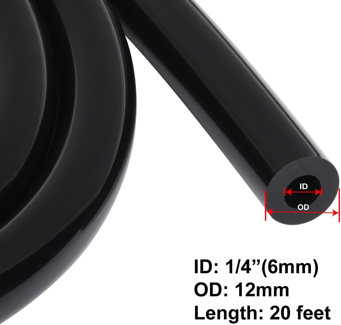 1/4" 6mm ID Silicone Vacuum Hose Line Tubing 20FT Black 130 PSI Maximum Pressure