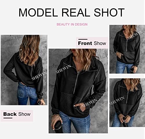 SHEWIN Women's Casual Long Sleeve Lapel Drawstring Zip Up Sweatshirt Quilted Pullover Tops 3 SHEWIN Women's Casual Long Sleeve Lapel Drawstring Zip Up Sweatshirt Quilted Pullover Tops