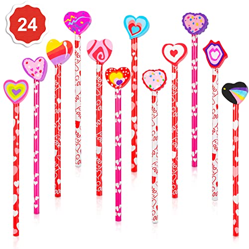 Konsait 2 Dozen (24) Valentine Pencils Assortment with Giant Eraser Topper Decorated with Love Hearts Candies Stars for Valentines Day accessories Party Bag Goodie Bag Filler Favor Supplies Teacher