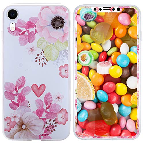 beautyshow - Funda compatible con iPhone XR con protector de pantalla de vidrio templado, iPhone XR funda de silicona con estampado floral, a prueba de golpes, protección completa para iPhone XR 6.1"