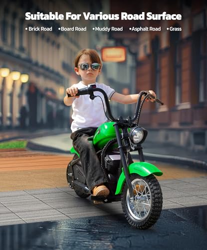 Image of ELEMARA Electric Dirt Bike, 15 mph & 150lb Max, 24V Ride on Toy for Big Kids w /LED Lights & Power Display,Chain-Driven Motor,Twist-Grip Throttle, Shock Springs,Handbrake,12 inch Air-Filled Tires-Green