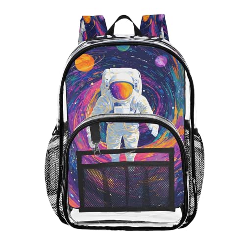 Galaxy Planet Astronaut Watercolor Clear Backpack Heavy Duty See Through Transparent PVC BookBag for Kids Boy Girl School Work