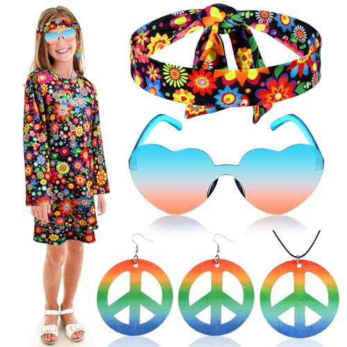 Heentan 6 Pcs Hippie Costume for Girl 70s 60s Dress Outfits Fresh Style L