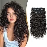 Vizfrucean Clip in Hair Extensions 4 PCS, 16 Inch Short Wavy Curly Clip on Hair Extension, Thick Natural & Soft Synthetic Hairpieces for Women (Dark Brown)