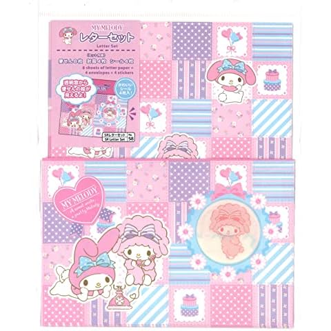 YAMANO SHIGYO Sanrio My Melody Window Open Letter Set 8 Writing Paper + 4 Envelopes + 4 Stickers Made in Japan D21D, Pink, Blue, Purple (No,58) Cover
