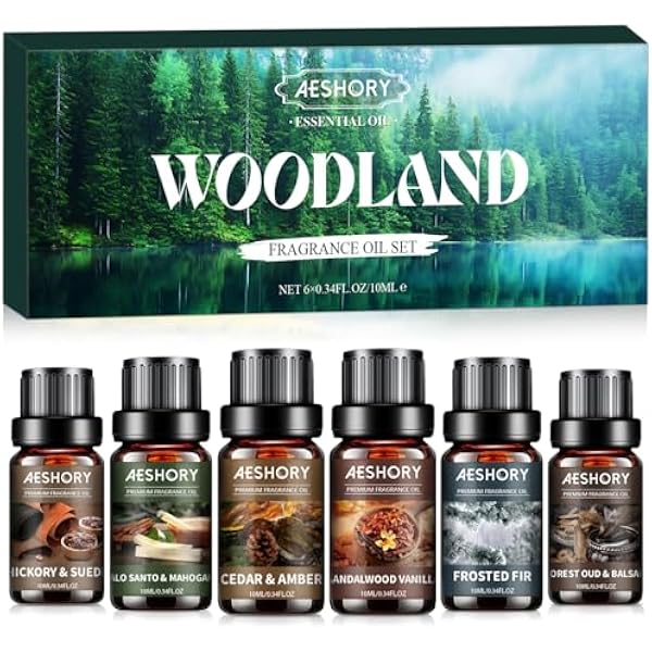 Aeshory 6 x 10 ml Seria Leśna Zestaw Olejków Eterycznych, Naturalne Olejki Zapachowe Do Dyfuzora – Hikora I Zamsz, Drzewo Sandałowe I Wanilia, Oszroniona Jodła, Palo Santo I Mahoń, Cedr I Bursztyn