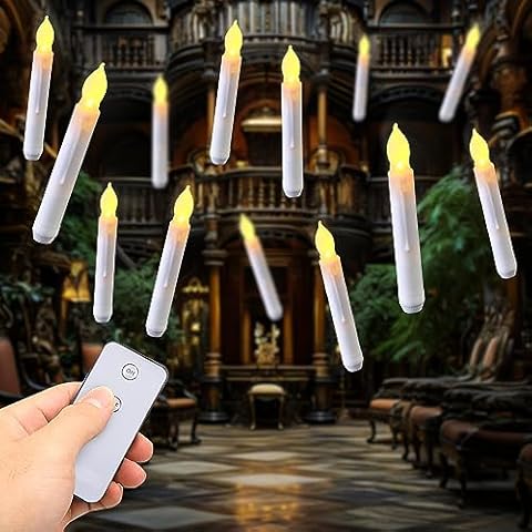 Amagic 12pcs Batteries Operated Taper Candles with Remote, Warm White Flickering Light, Flameless Handheld Candles Floating, Led Hanging Candlesticks for Party Halloween Christmas Church Home Cover