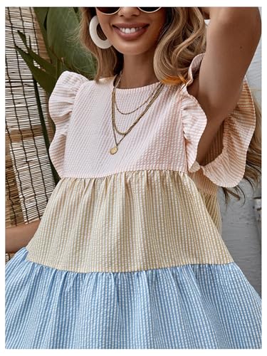 SHENHE Women's Summer Ruffle Cap Sleeve Color Block Tiered Flowy Babydoll Mini Dress Sundress4