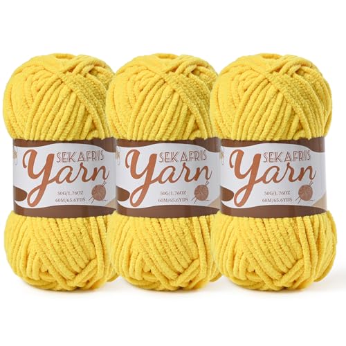 Image of 3 Pack Fluffy Velvet Yarn for Crocheting,Baby Blanket Yarn for Crocheting Soft,150g(196.8yds) Amigurumi Yarns,Plush Chenille Crochet Yarns,Puzzle Yarn for Crochet Weaving Craft(3 Golden Yellow)