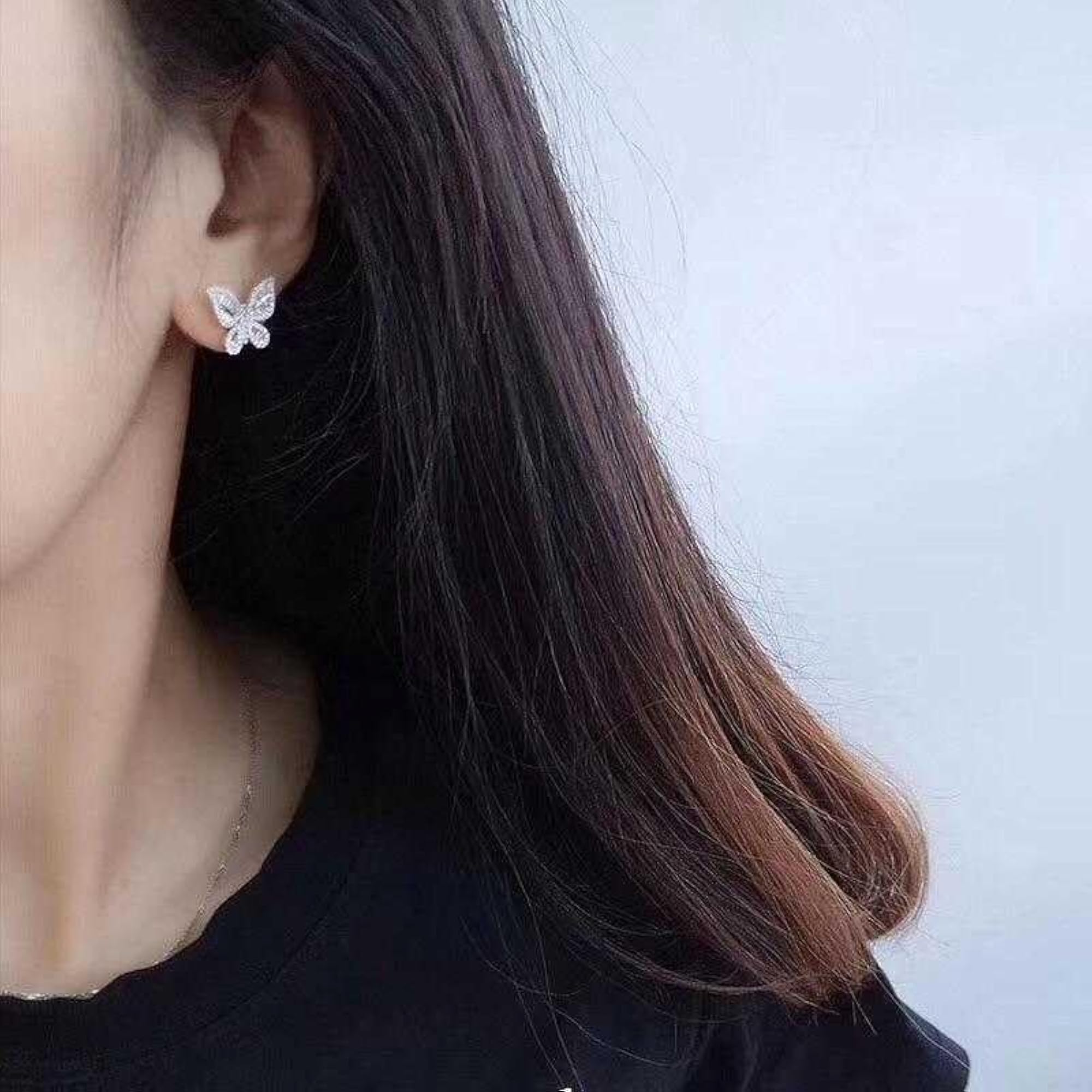 Silver Plated Butterfly Stud Earrings with Zirconia, Hypoallergenic