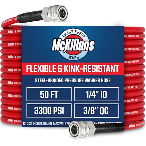 Image of McKillans QC Installed Pressure Washer Hose 50 ft - Flexible & Kink-resistant - Steel-Braided & Durable- 3 /8 inch QC Pre-Installed Stainless Steel - Power Washer Hose - High Pressure 1 /4 inch Inner Diameter