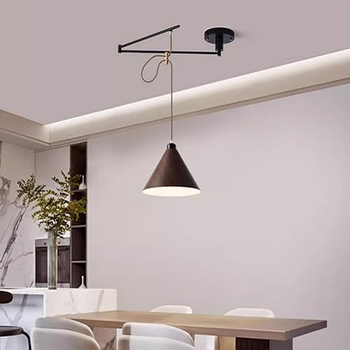 Miniatura 7 de Lámpara colgante ajustable con brazo oscilante, lámpara colgante de metal negro, lámpara de techo de grano de madera nórdica, iluminación moderna de