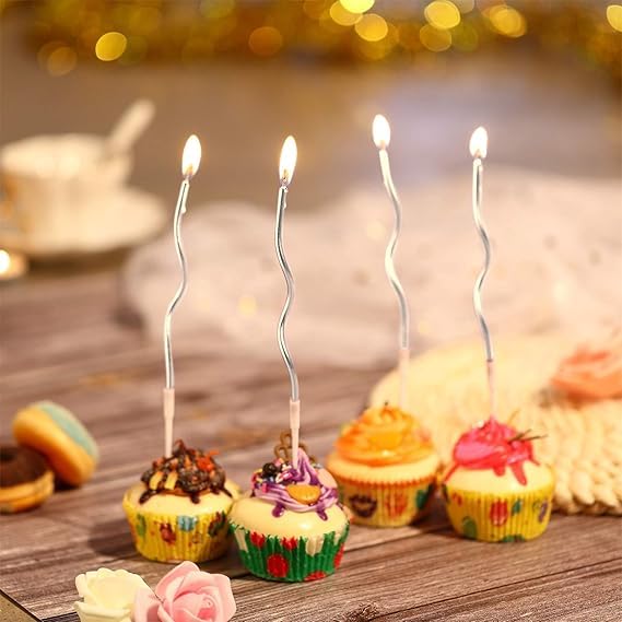 AMFIN (Pack of 6) Happy Birthday Spiral Candle with Holder for Cake - Silver 4